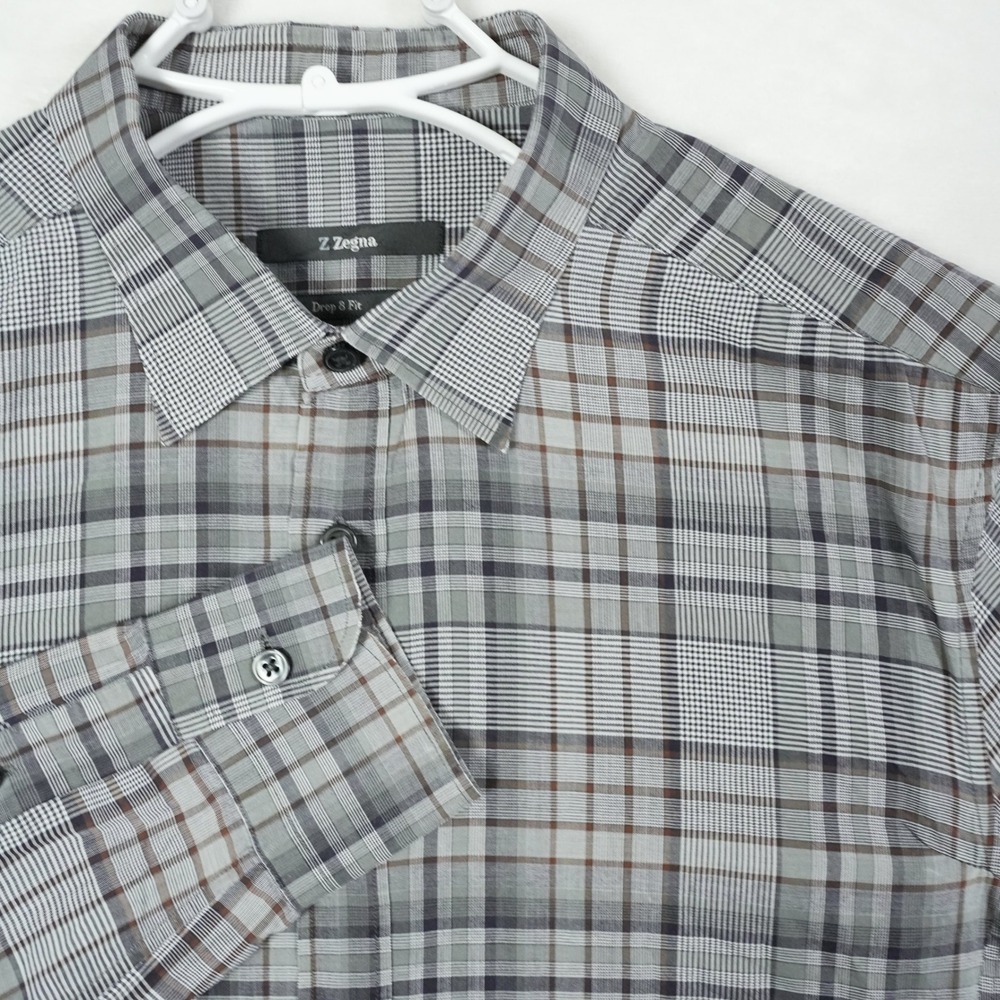 Z‎ Zegna Mens Grey Plaid Long Sleeve Button Down Shirt Drop 8 Fit Size 43/17